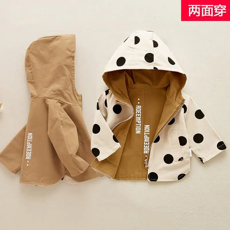 

Toddler Sport Coats Children Jackets Girls Double Sided Outerwear Kids Hooded Clothing Spring Autumn Boys Polka Dot Trench Coat