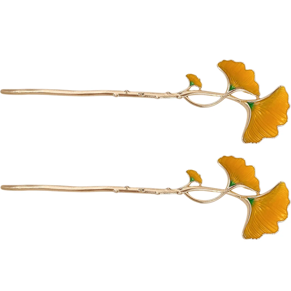 2 Pcs Hairpin Accessory for Women Vintage Stick Clips Pearl Updo Bun Ginkgo Leaf Chopsticks Miss