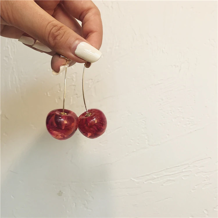 New Cute Fruit Cherry Stud Eearring For Women Temperament Sweet Crystal Resin Red Dangle Party Jewelry Wholesale