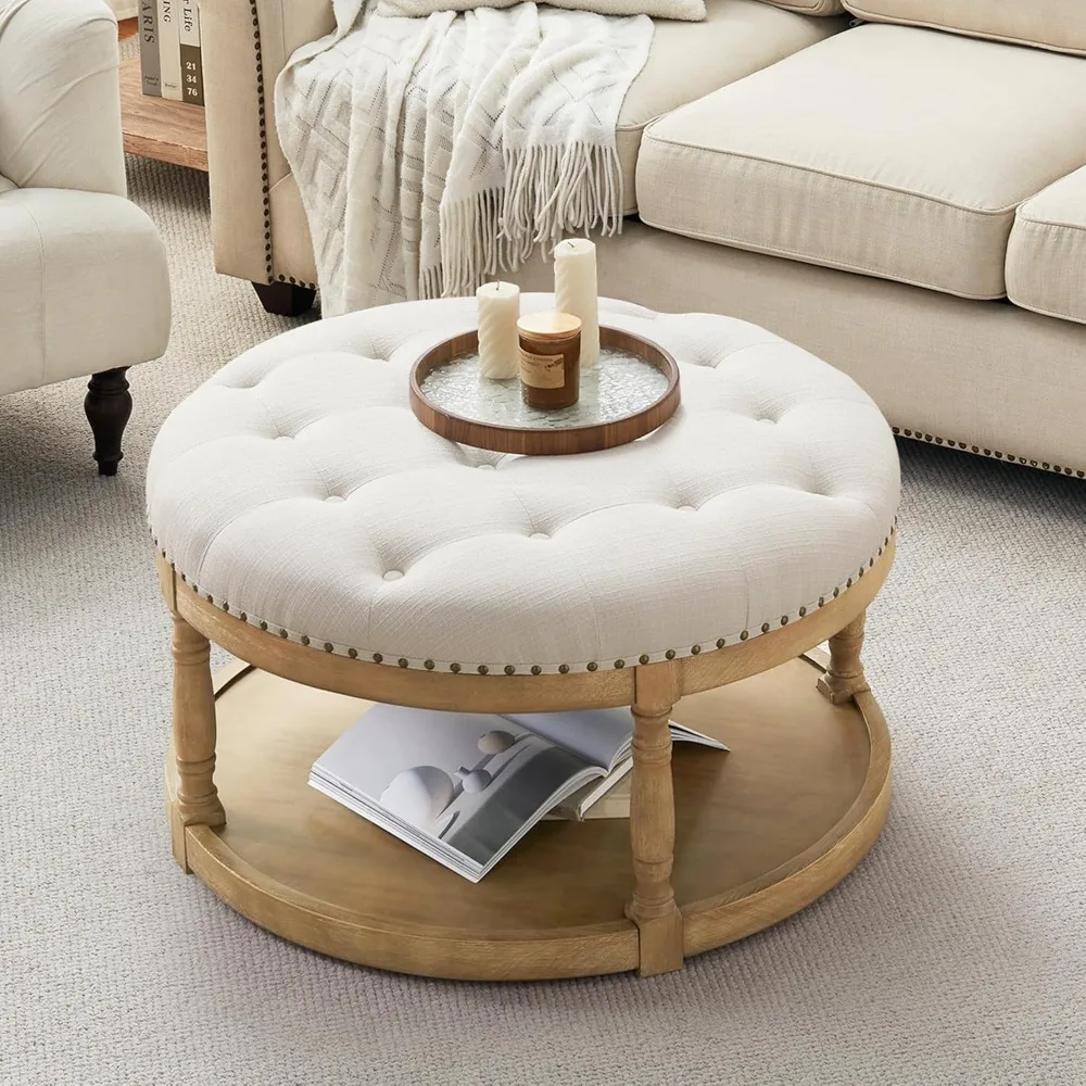 33 طاولة قهوة عثمانية مستديرة كبيرة مع مساحة تخزين، مسند قدم منجد من الكتان مع رف تخزين خشبي للمزرعة