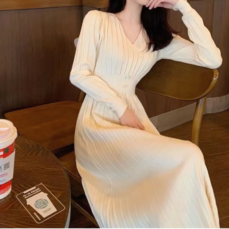 

2025 New Korean Chic Solid V-Neck Dress Women Elegant Streetwear Knitted Maxi Dress High Waist Long Sweater Dress Party Vestidos
