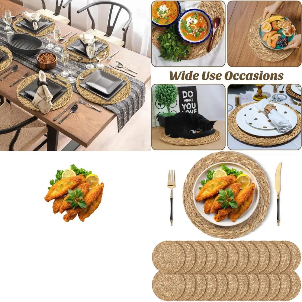 

24 Pack 13.8 Natural Bulrush Woven Placemats, Boho Style Rattan Table Mats for Home Dining