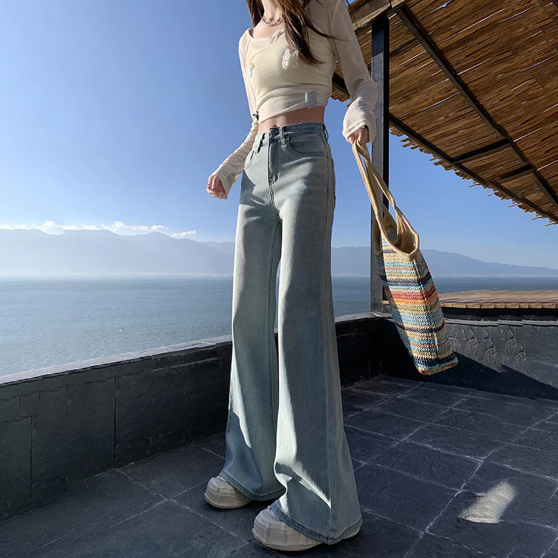 Celana Harem Wanita Nyaman Pinggang Tinggi, Jeans Flare Santai, Celana Bootcut Denim Stretch, Celana Bell Bottom Wanita Warna Solid