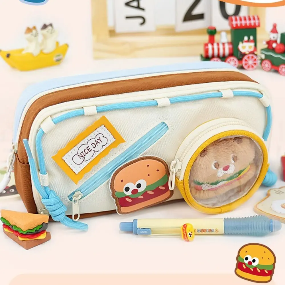 Cartoon With Plush Doll Pen Bag Multilayer Large Capacity Stationery Bag Portable Pencil Case Gift