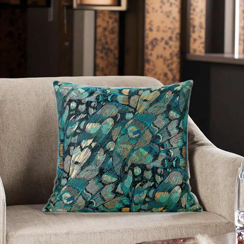 Luxury New Chinese Style Feather Pillow Cover Green Gold Embroidery Cushion Case for Sofa Living Room Home Decor