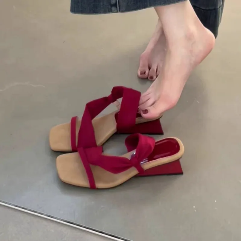 French Style Two-piece Wedge Platform Open-toe Sandals for Women, Summer Outerwear Style Square-toe High-heeled Sandals