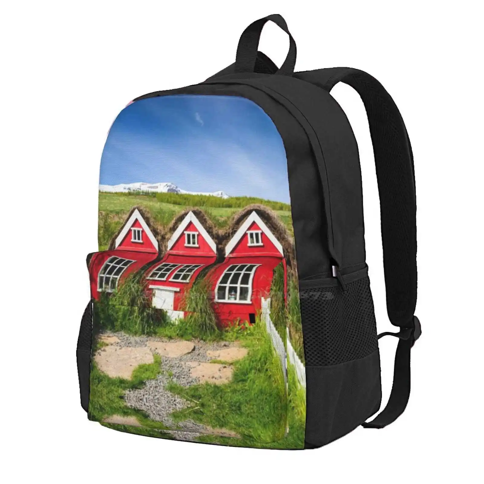 Cute Red Elf Houses In Iceland Hot Sale Schoolbag Backpack Fashion Bags Elf Houses Three Elves Iceland Red Houses Huldufolk