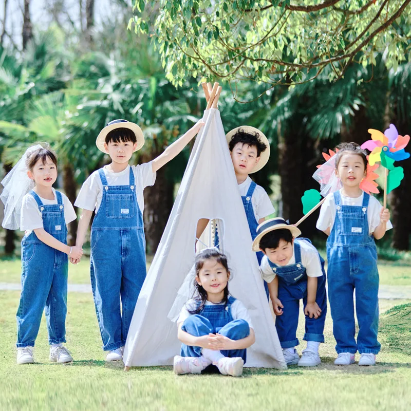 Boys Hip Hop Solid Sweatshirt Denim Loose Overalls Girls Crop Top Kids Dungaree Child Jumpsuit Street Dance Romper Streetwear