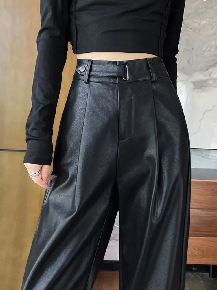 Black PU Wide Leg Pants Women High Waisted Loose Black Leather Pants for Women New Fashion Elegant Genuine Leather Women\'s Pants