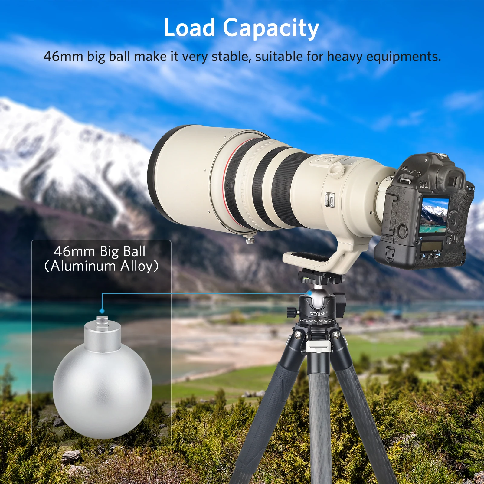Baru Diperbarui EB46S Kepala Bola Tripod Logam Profil Rendah Kepala Tripod Desain Pusat Gravitasi Bawah Panorama Beban Maksimal 25Kg/55,1lbs