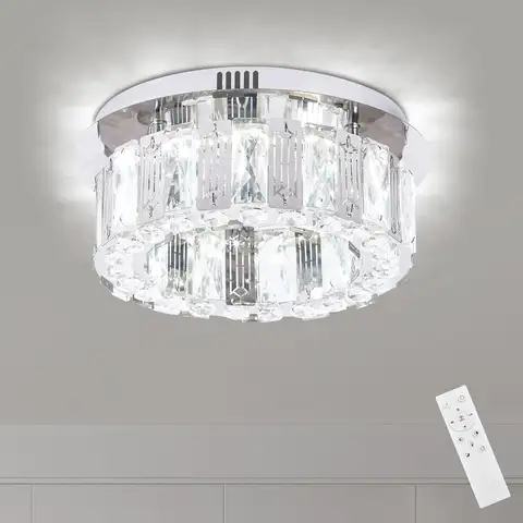 30cm Round Crystal Embedded Chandelier Ceiling Light with Dimmable Remote Control