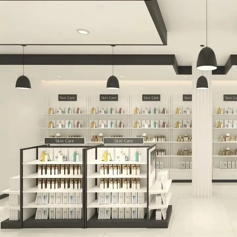 custom.Modern White Boutique LED Lighting Display Stand Retail Shopfitting Island Shelf Luxury Cosmetic Pharmacy Showcas