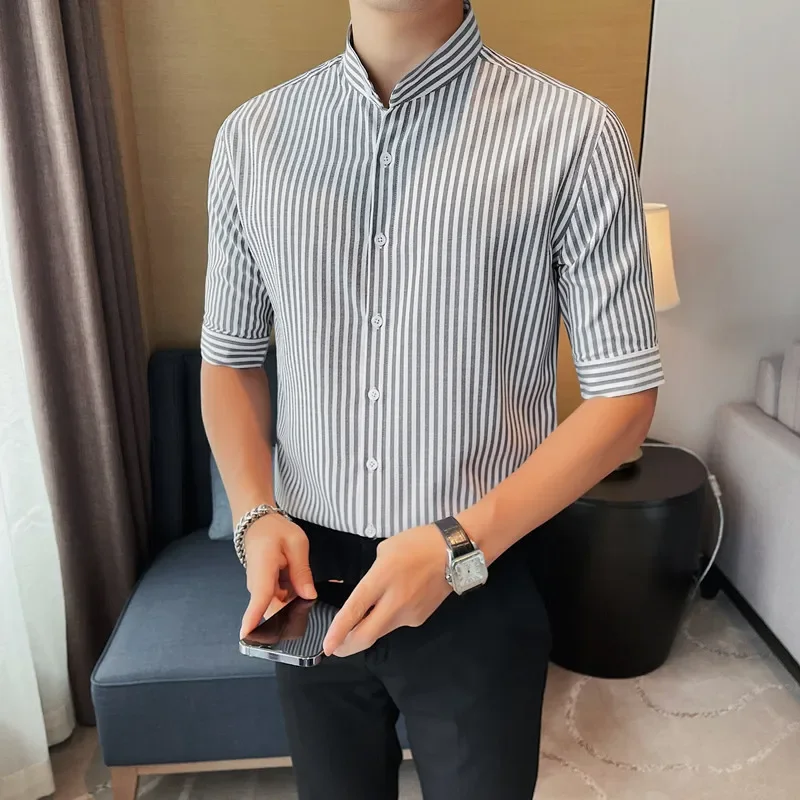 

2023 Summer Striped Standing Collar Shirt for Men High-quality Slim Fit Short Sleeve Casual Business Dress Shirts Men Clothing