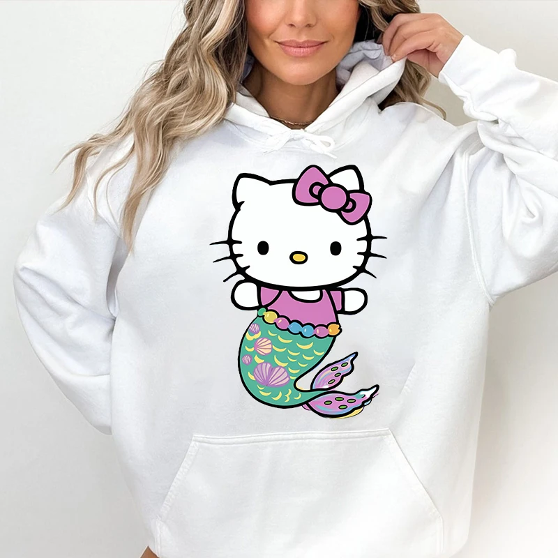 Mermaid Hello Kitty Print Women's Casual Hoodies Sports Sweatshirt Loose Tops