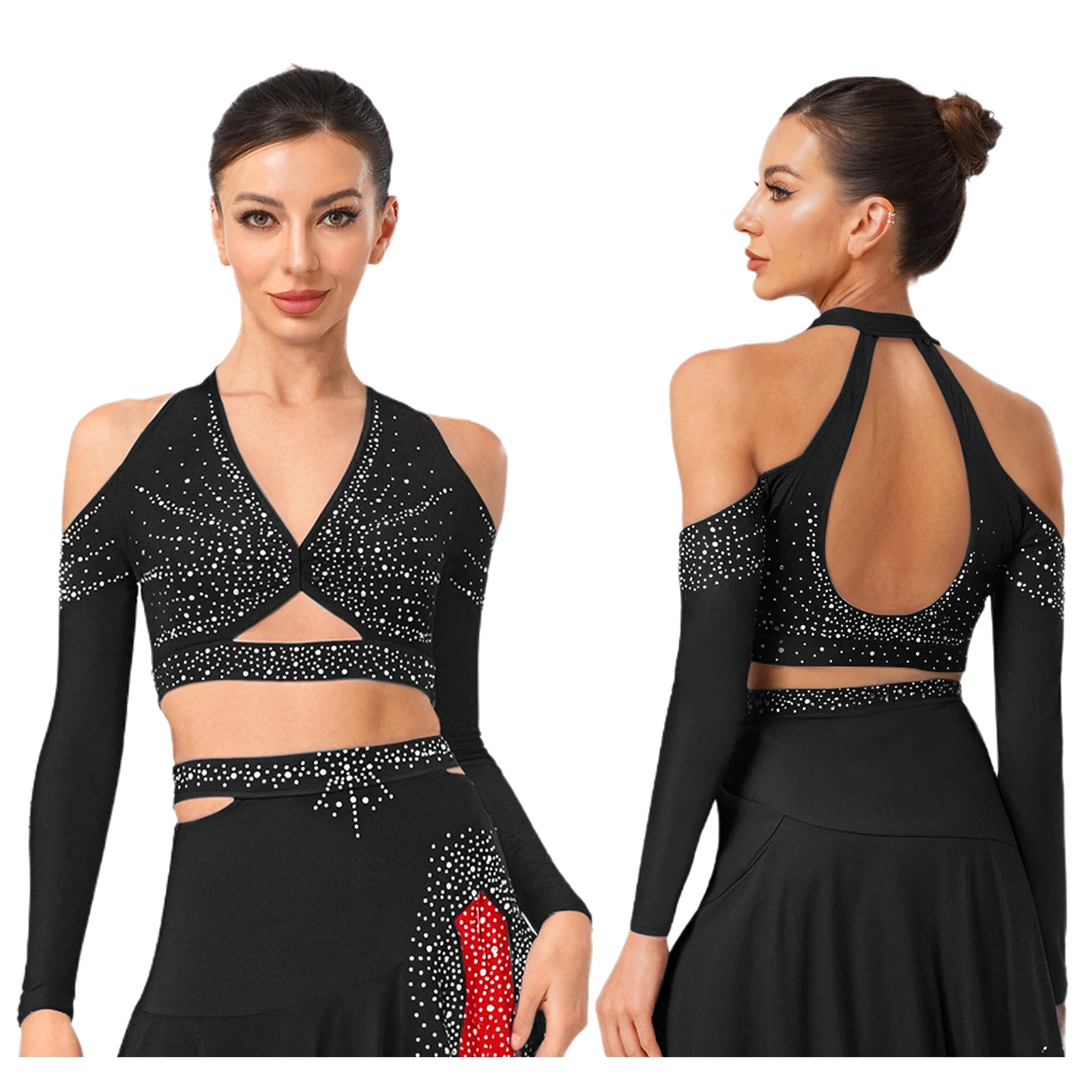 2025 Dames Latin Dansoutfits Jazz Cha-cha Tango Kostuum Halter Lange Mouw Crop Top + Rok Danskleding Set voor Toneelshows Feest