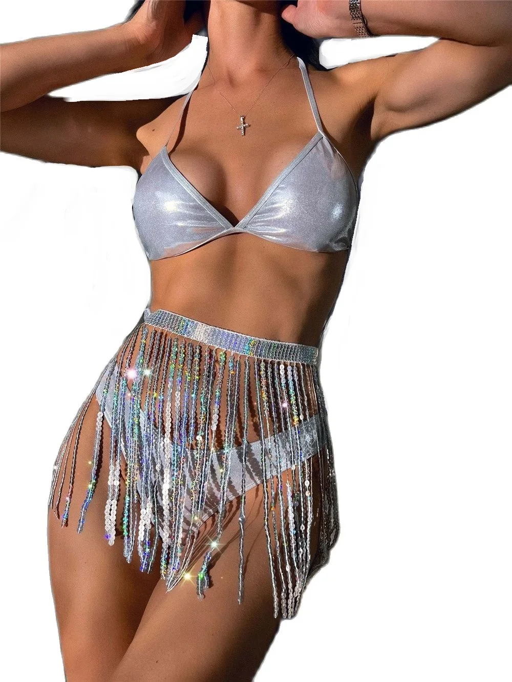 Olografico Glitter paillettes Music Festival Rave Outfit frangia minigonna Sexy perizoma Streetwear Club Party donna Bikini 3 pezzi Set