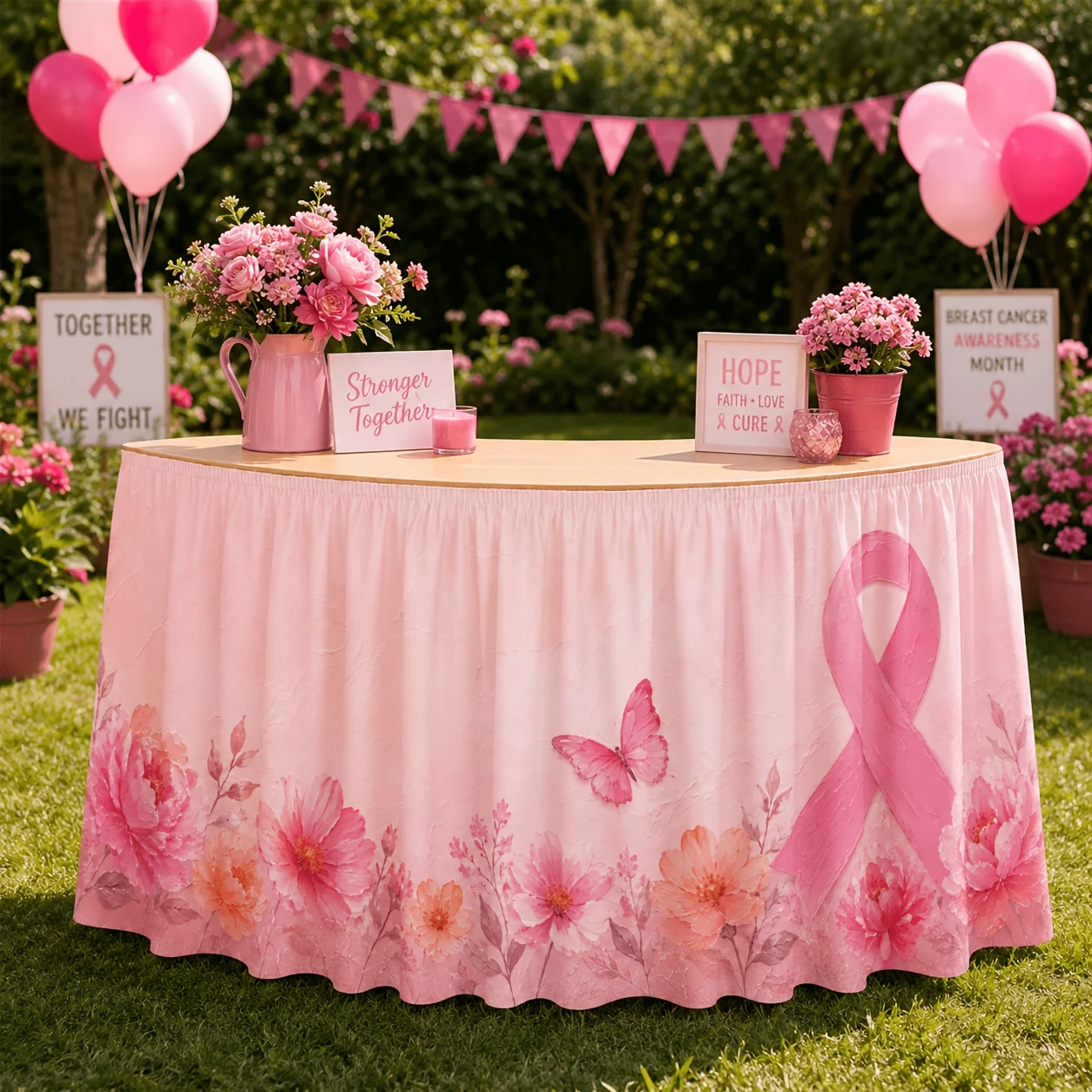 One tablecloth table skirt for breast cancer prevention and control, with an oil painting featuring the texture of the skirt.zyc