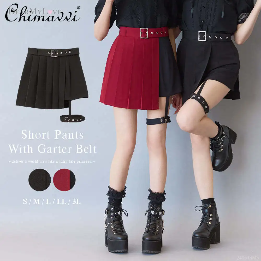 

Japanese Summer Personality Pantskirt Preppy Style Student JK Pleated Waist Belt Skirt Fake Two Pieces Splicing Short Pantskirt