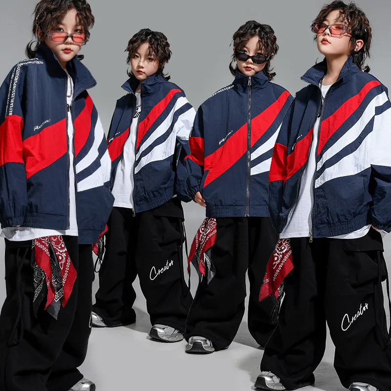 Jungen Hip Hop Kontrast Mantel Mädchen Jazz Jogger Kleidung Sets Street Dance Patchwork Jacke Schwarz Cargo Hosen Streetwear Kostüme