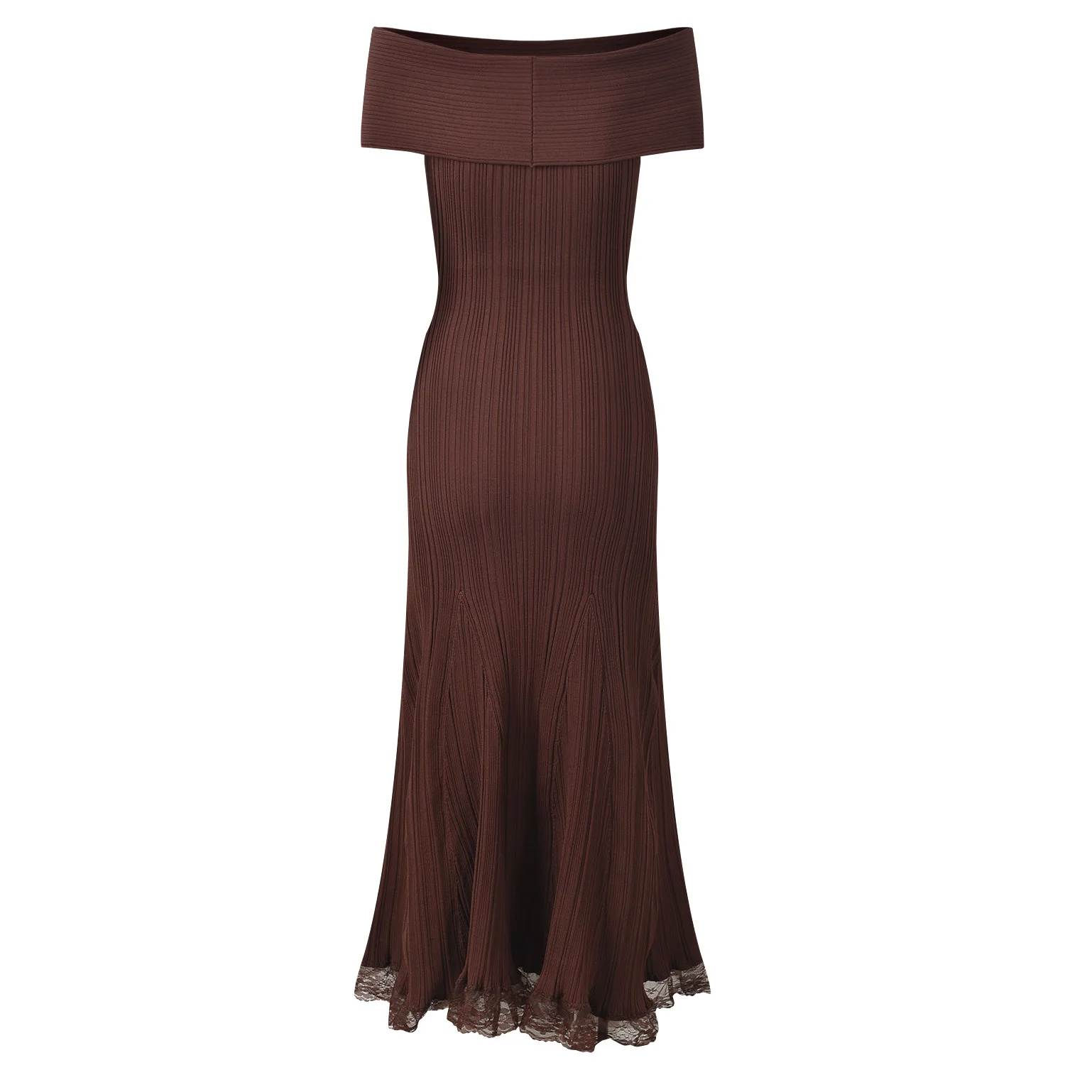 2026 Summer Long Dress Elegant Off Shoulder Knitted Waist-Cinching Silhouette Spliced Lace Hem Women Casual Maxi Dress