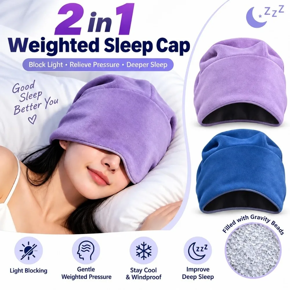 2 in 1 Weighted Sleep Cap Double Sided Light Blocking Blackout Sleep Cap Micro Gravity Bead Windproof Weighted Eye Mask Hat