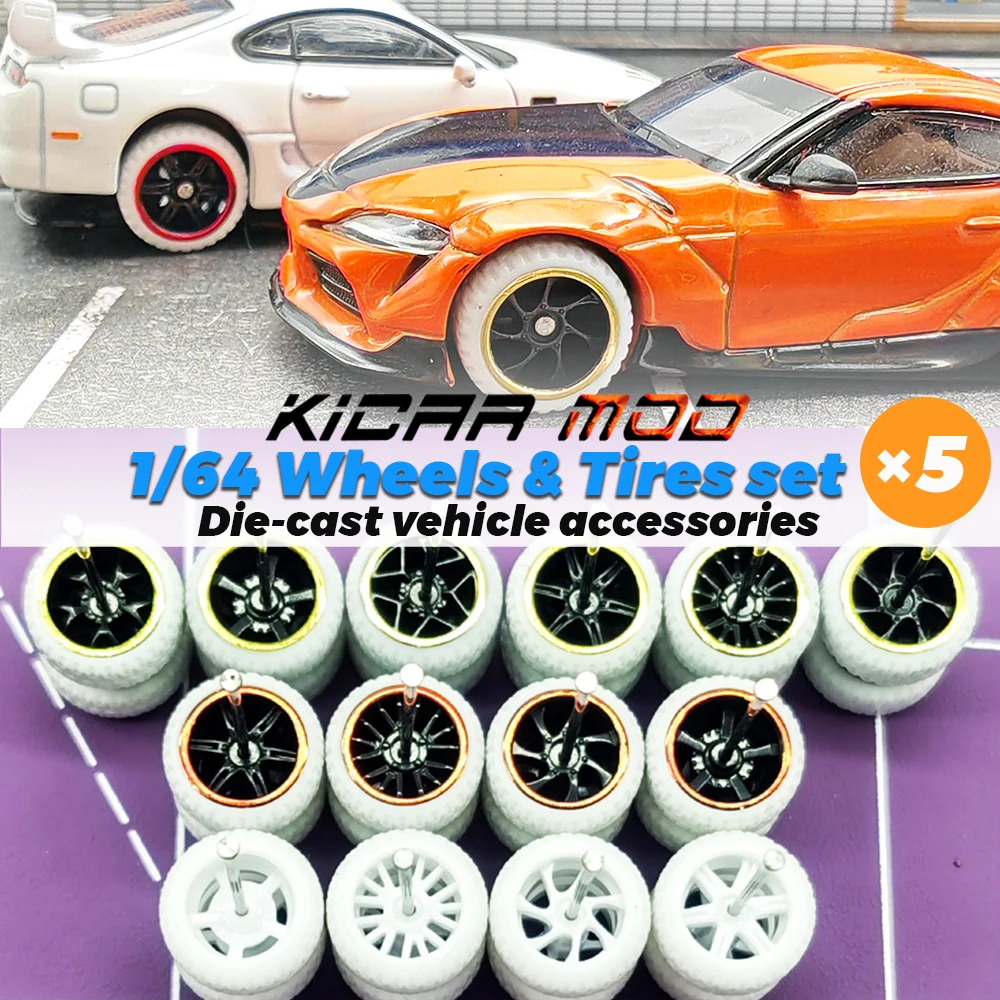 

KicarMod 1/64 Piastic Wheels White Tires Colorful Vehicle Toy Wheels for 5 Cars Hot Wheels Hobby Modified Parts 5 set/pack