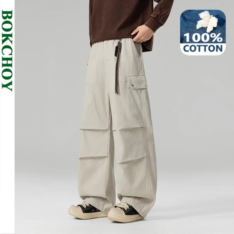 2016 Autumn New 100% Cotton Straight Cargo Pants for Men Clothing Multi-pockets Outdoor Loose Trousers GF268801