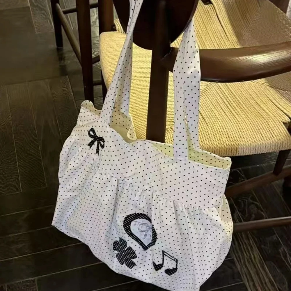 Korean Polka Dot Shoulder Bag Women's Nylon Tote Bag Cute Bow Love Note Printed Skirt Design Magnetic Buckle Armpit Bags