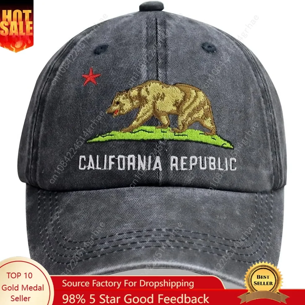 

California Bear Hats for Women Men, Distressed Cotton Adjustable Embroidered Cali Republic State Flag Baseball Cap