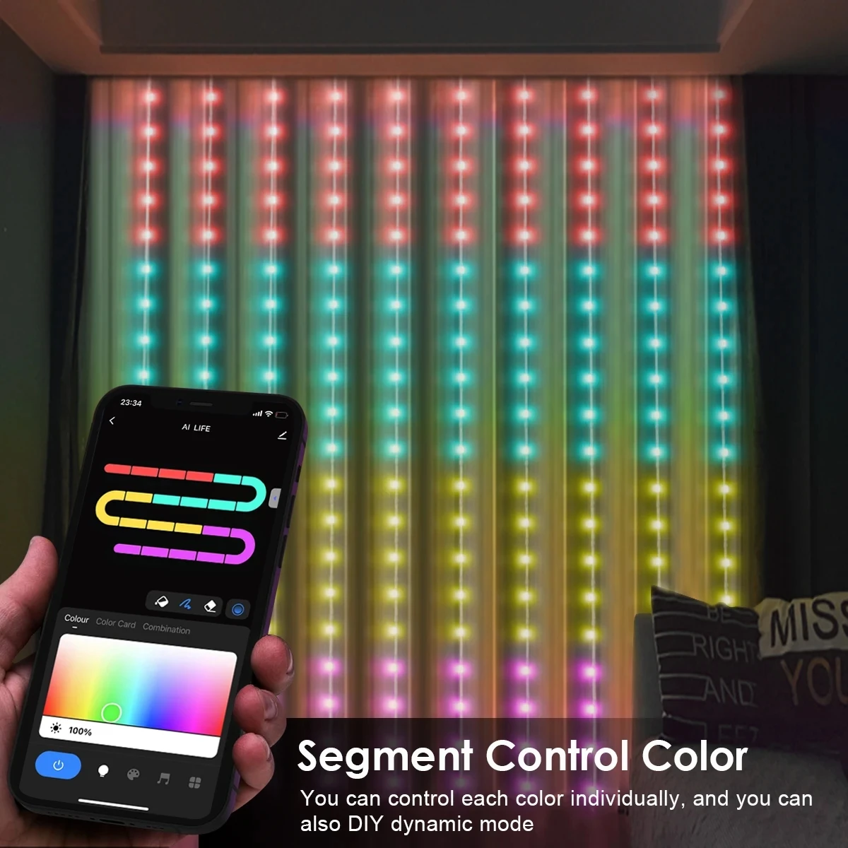 RGBIC Gordijn Lichtslinger APP Bluetooth Controle Lichtslingers USB Plug Afstandsbediening LED Gordijn Licht voor Kamerdecoraties