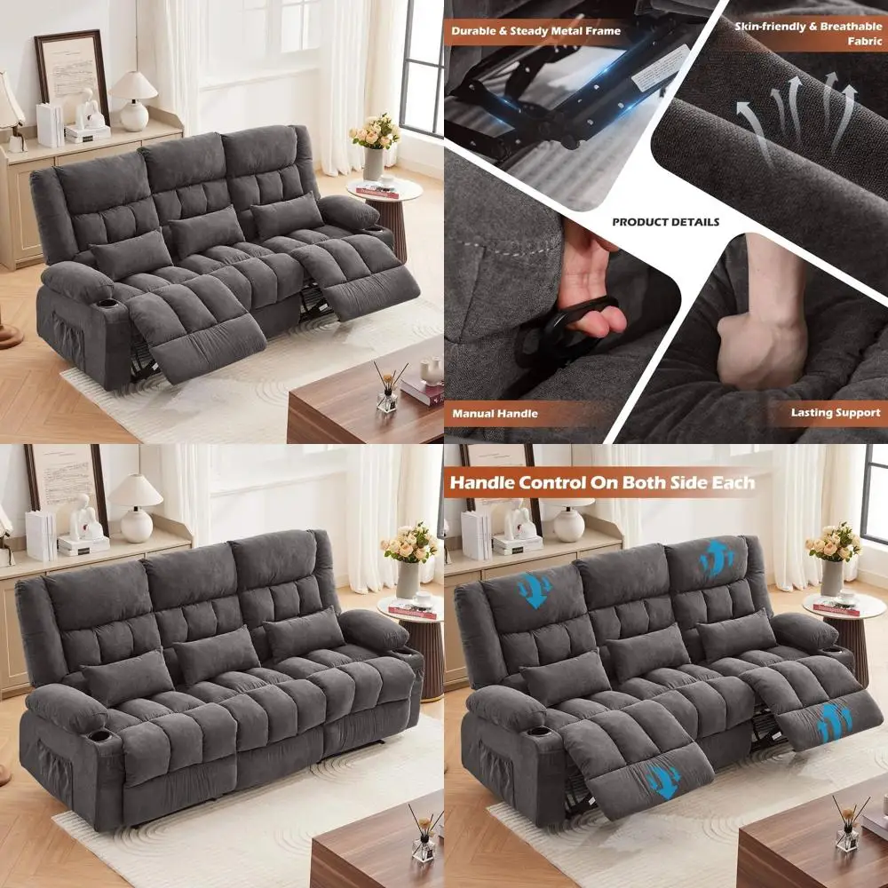 

Oversized 3-Seat Manual Recliner Sofa with Cup Holders and Ergonomic Design for Adults