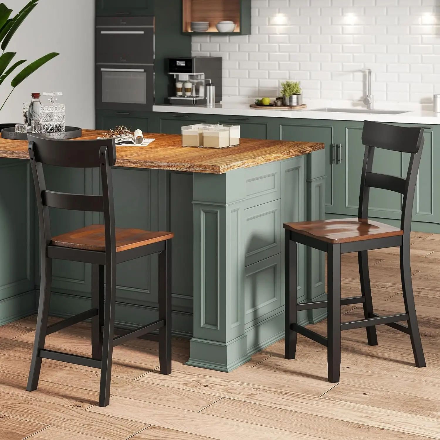Counter Height Bar Stools Set, Solid Wood Counter Stools with Backrest, Armless Kitchen Island Chairs with Footrest, Mid-Century Dining Stools for Home Bar, Cafe & Dining Room