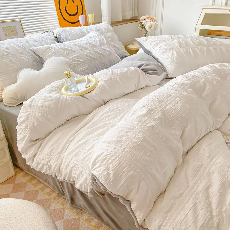 Simple Bubble Style Ab Single Quilt Cover Bedding Set Four-piece Set Coral Fleece Mattress Cover Milk Fleece Bed Sheet