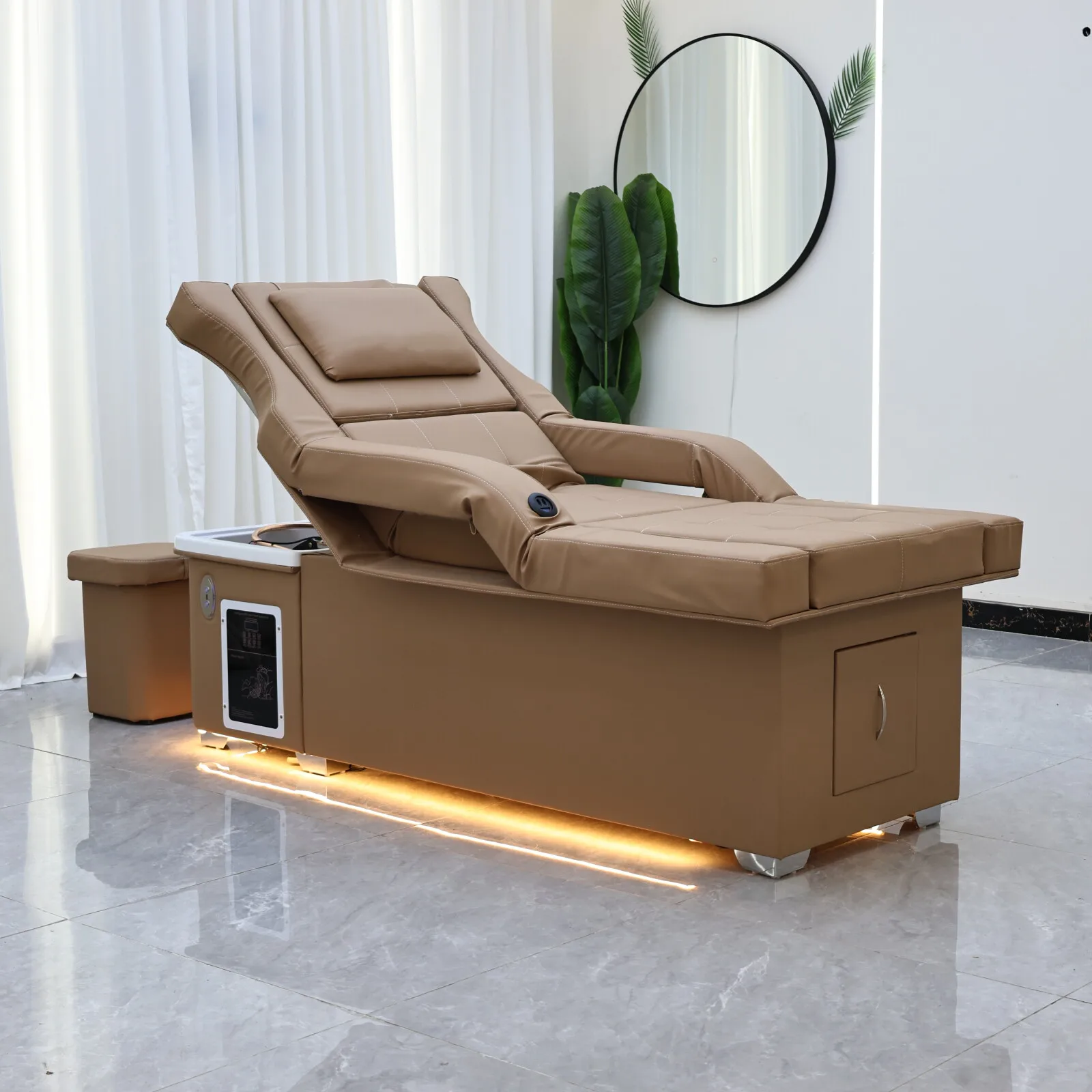 Elektrisches Shampoo-Liegebett in Erdtönen mit Massagefunktion – All-in-One-Salonstation mit Begasung, Fußbad und Haarwaschbecken – Detail 11