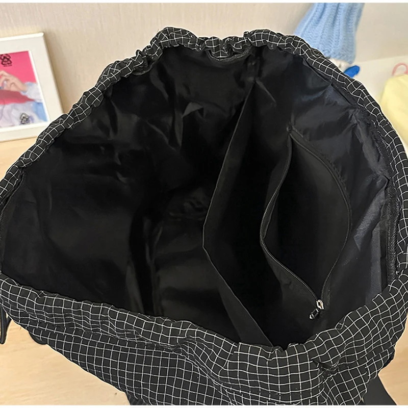 Modischer Rucksack, koreanischer Karo-Rucksack mit Kordelzug für Studenten, Unisex-Schultasche, leichter Damenrucksack mit großer Kapazität – Detail 1