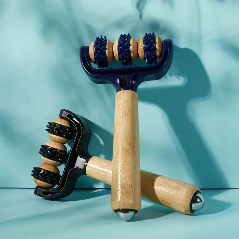 

T Shaped Wooden Massage Roller 3 Wheel Deep Tissue Massager for Back Abdomen Face Legs Full Body Portable Travel Massage Tool