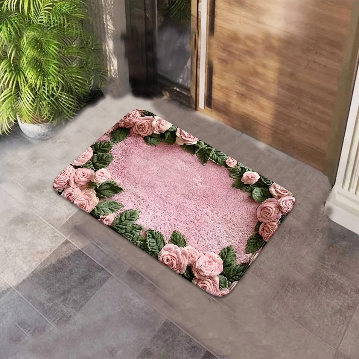 VIKAMA 1/2pc Valentine's Day Pink Rose Print Rug, Non-Slip And Dirt-Proof. Kitchen, Bathroom Water-Absorbing Home Decor Carpet.