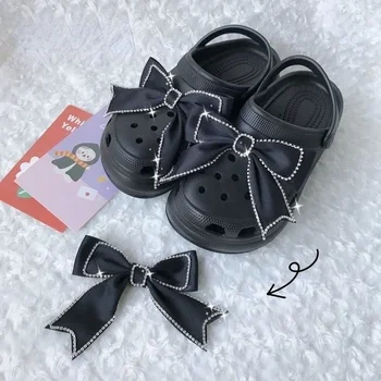 럭셔리 라인스톤 보우 슈즈 참 디자이너, 귀여운 패션, 나막신 신발 액세서리, 올매치 신발 보우 장식, 레드 블랙 화이트