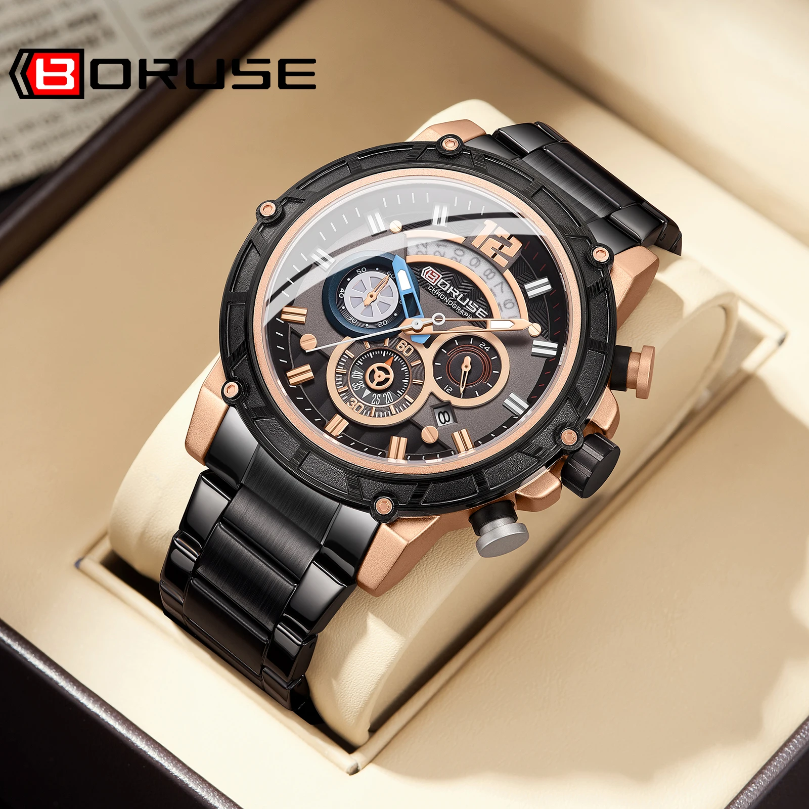 BORUSE Watches for Men's Waterproof Stainless Steel Quartz Analog Fashion Business Wristwatches Top Brand Luminous Clock