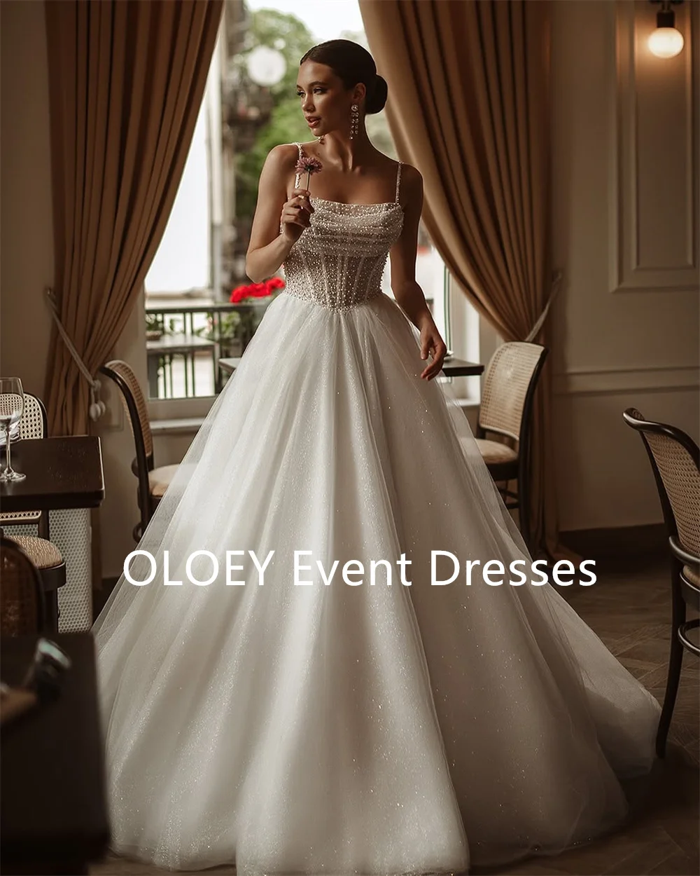 OLOEY Luxury Pearls Wedding Dresses with Jacket Floor Length A Line Bridal Gowns Glittery Lace Up Back Buttons Free Customized