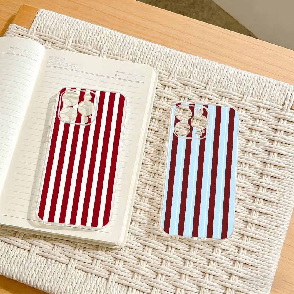 Burgundy White Stripe Phone Case For iPhone17,16,15,14,13,12,11 Plus,Pro Max Soft Transparent Cover