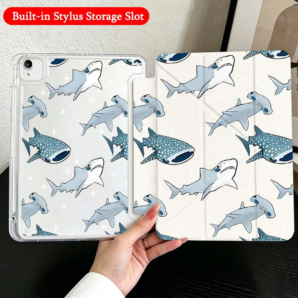Shark Fish Pattern Case For iPad Mini Pro Air 5 6 7 8 9 10th 11th 11 9.7 10.9 13 inch Transparent Y-Shaped Folding Tablet