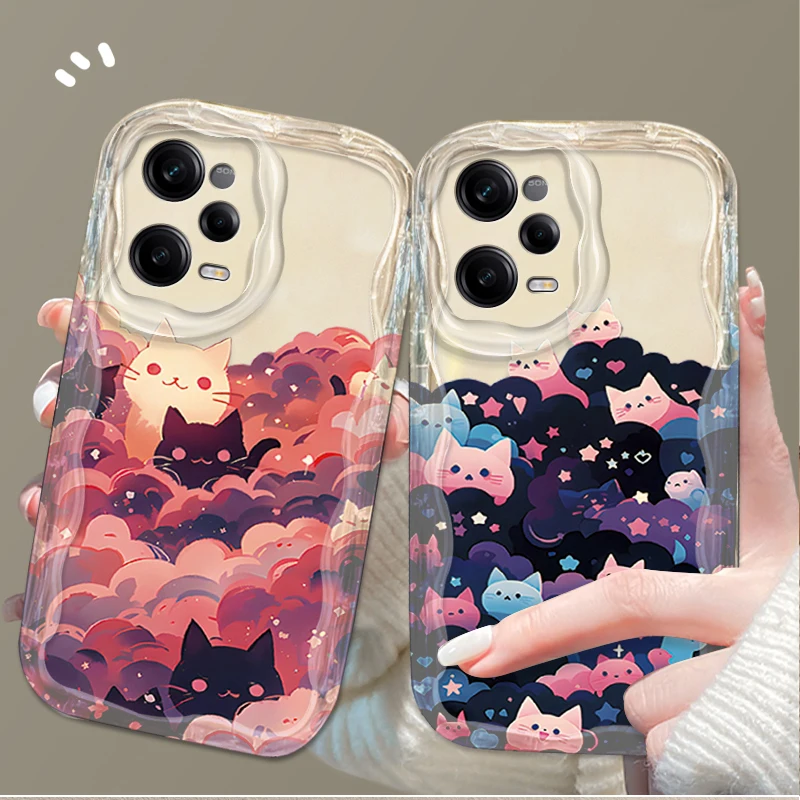 Dreamy Cloud Cat 3D Wave Case para Xiaomi Redmi Note 13 12 11 Pro Plus 4G 5G 12S 11S 10 10S 9 9S 8 13C 12C 10C Turbo 3 contraportada