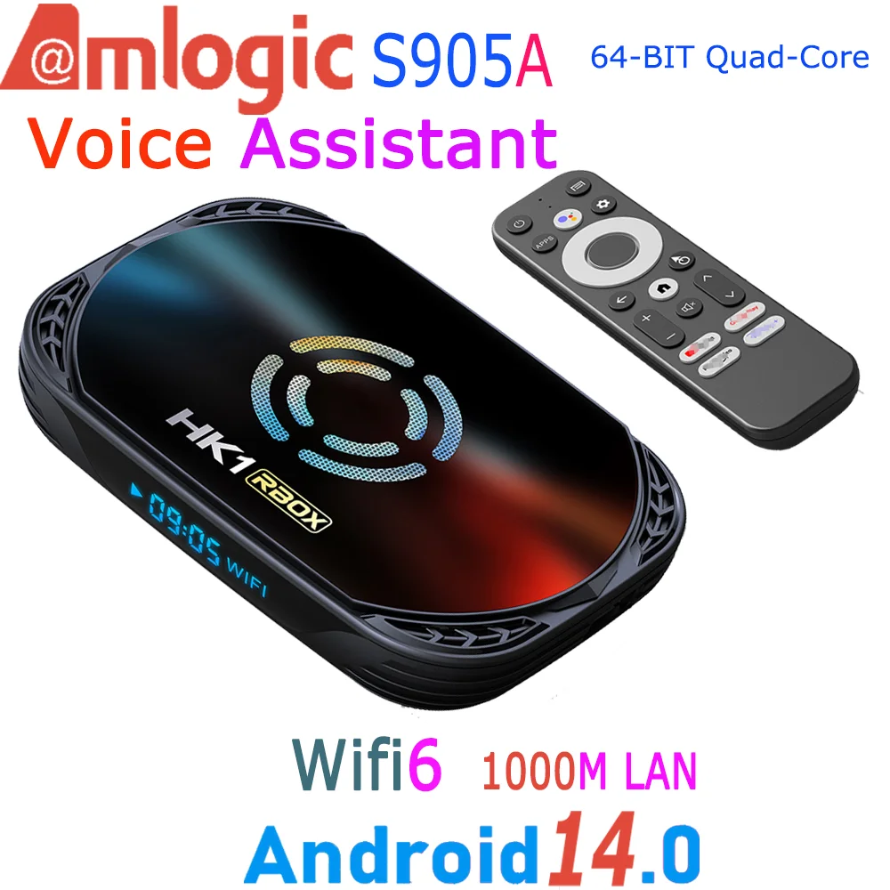 Amlogic S905A S905X5M Android14.0 64-Bit Quad Core 8K 1000M LAN Voice Assistant Wifi6 BT5.0 DDR4 Media Smart TV Box HK1 RBOX X50