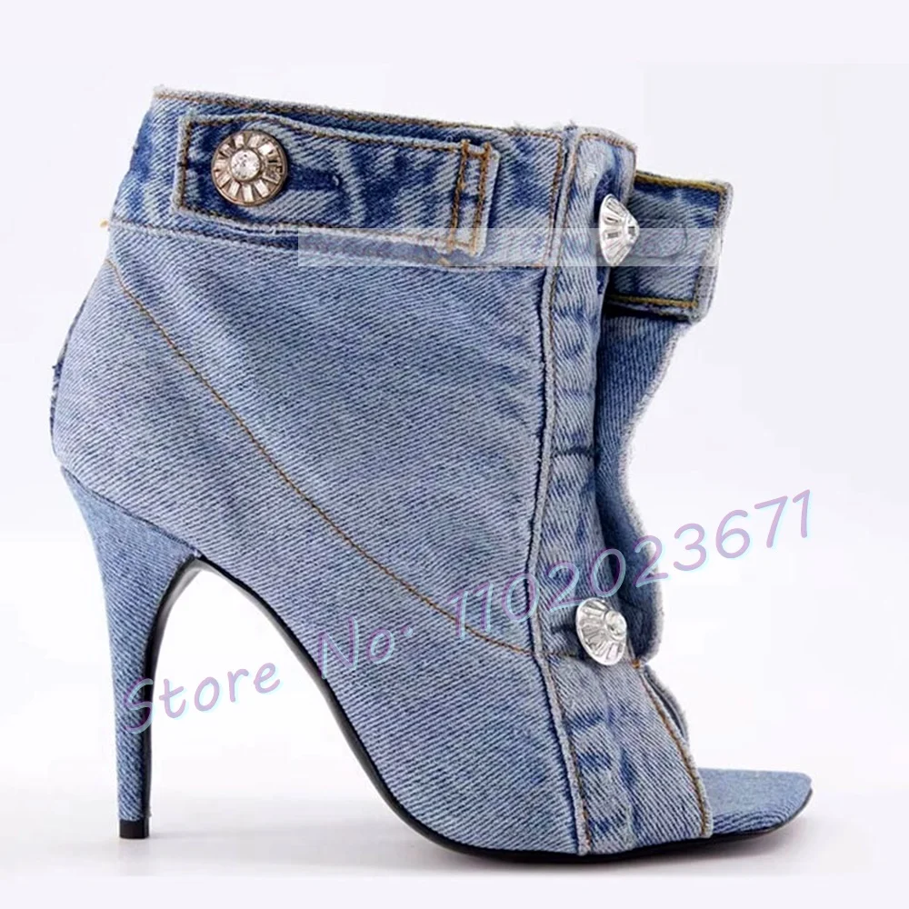 Open Toe Denim Ankle Boots Female Stylish Front Buttons High Heels Shoes Square Toe Party Women Buckle Strap Cool Cowboy Boots