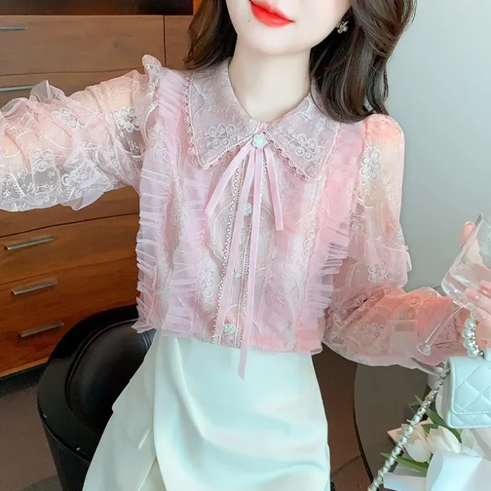 Doll Collar Chiffon Shirt for Women Spring and Autumn 2023 New Beautiful Blouse High-End Western Style Lace Long Sleeve Top