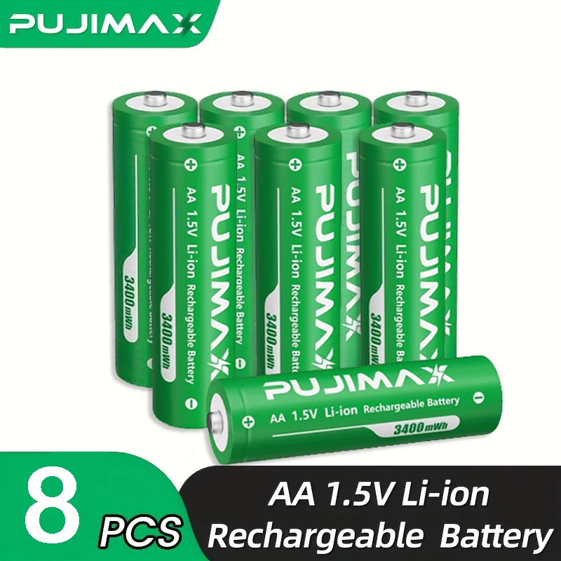 PUJIMAX Oplaadbare Li-ion AA-batterijen 1,5 V AA 3400 mWh lithium-ionbatterij + oplader Klokradio Videogame digitale batterij