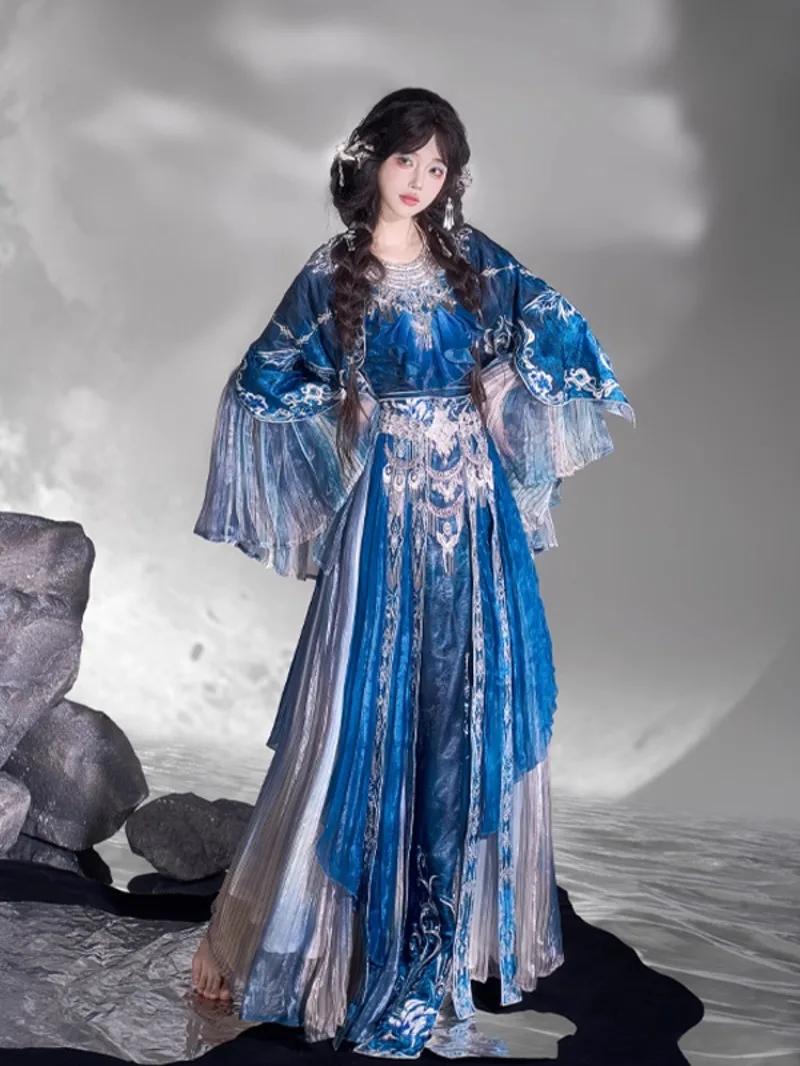 

New Hanfu Women Improve Exotic Style Heavy Industry Embroidery Han Elements Fiesta Carnival Halloween Cos Cosplay Blue