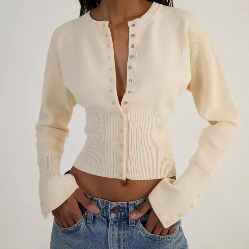 Women's High Waist Round Neck Single Breasted Cardigan Solid Long Sleeve Short Sweater Top Autumn Slim Bottoming Shirt