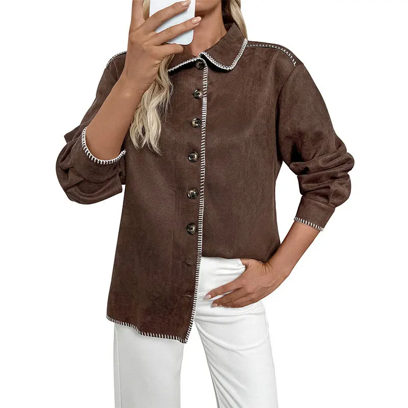 2025 New Autumn/winter Women's Fashion Casual Joker Retro Trim Color Matching Lapel Loose Shirt Jacket Ladies